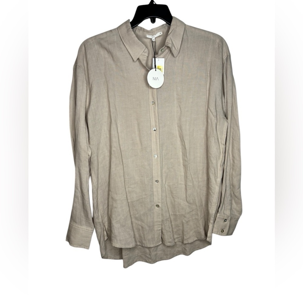 NWT NIA Beige Neutral Oversized Linen Blend Button Down Long Sleeve Top Size Med